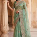 Sea Green Organza Silk Saree with Heavy Embroidery Designer Border