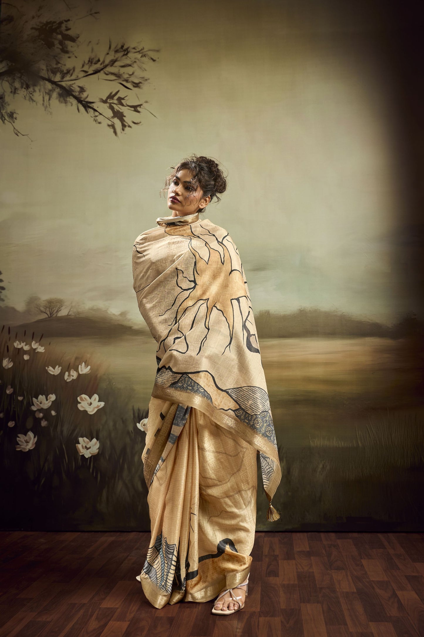 Beige Linen Silk Saree with Abstract Digital Print Designer Tassel Pallu