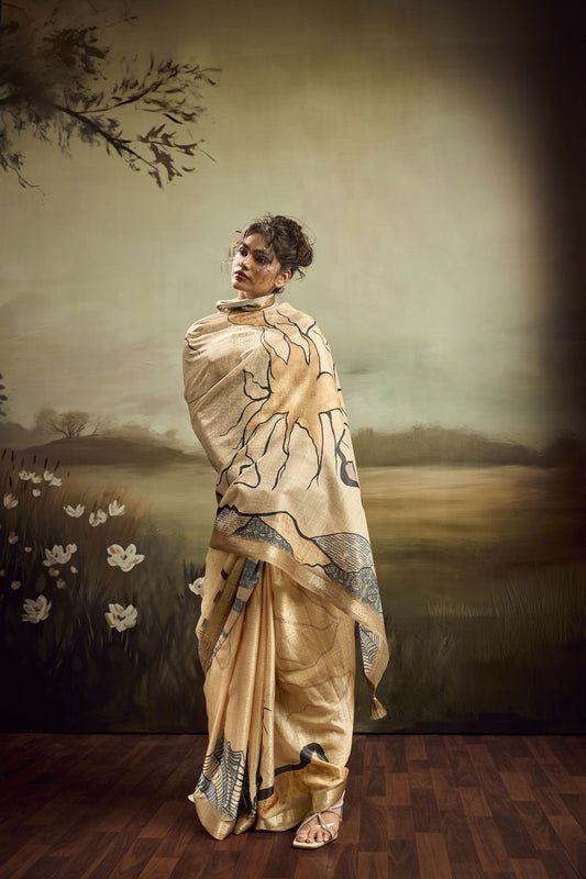 Beige Linen Silk Saree with Abstract Digital Print Designer Tassel Pallu