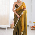Olive Green Organza Silk Saree Designer Silver Lace Border Matching Blouse 