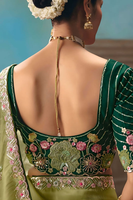 Pista Green Designer Saree with Floral Border Contrast Blouse
