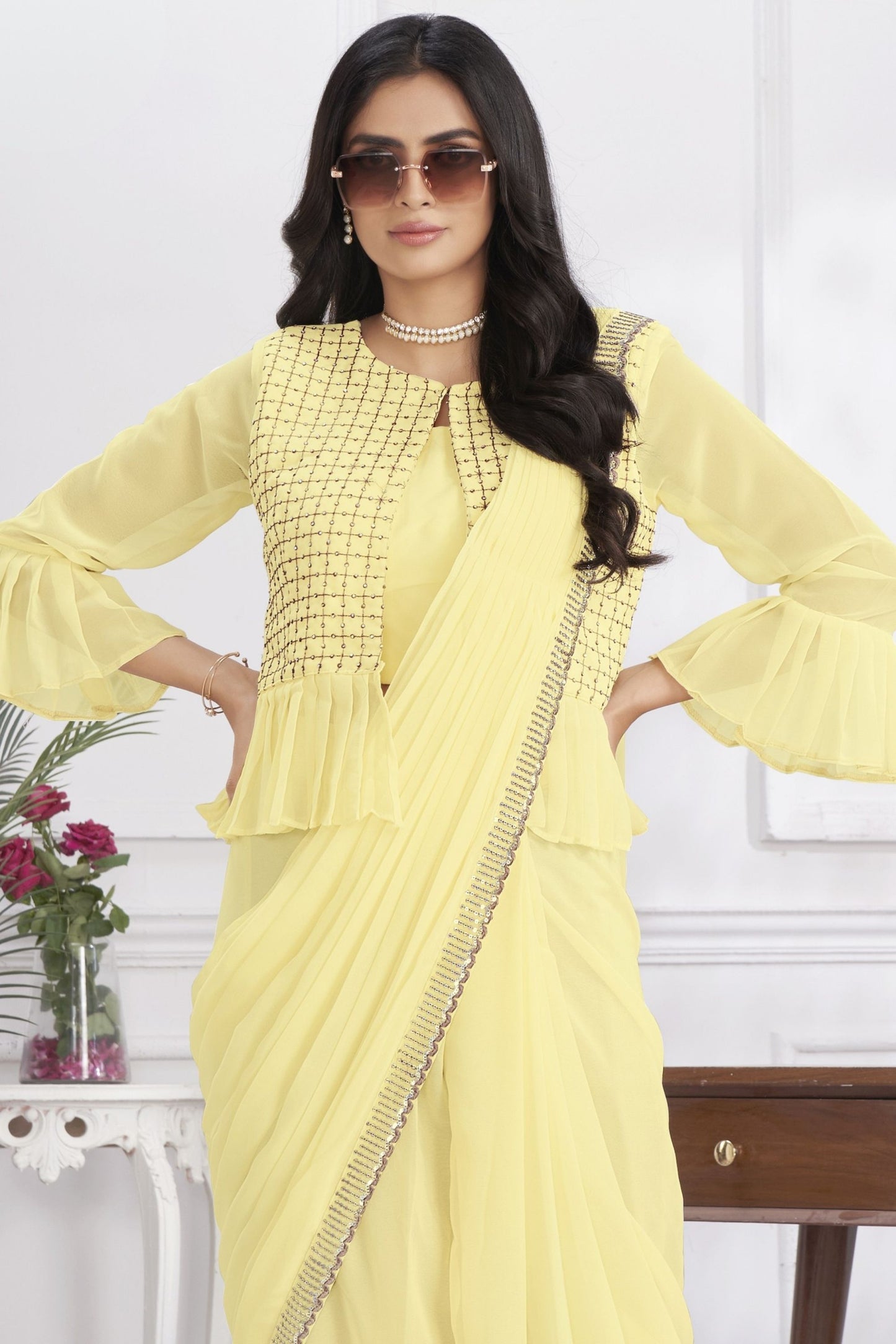 Lemon Yellow Ready-to-Wear Saree Designer Pleated Pallu Embellished Blouse