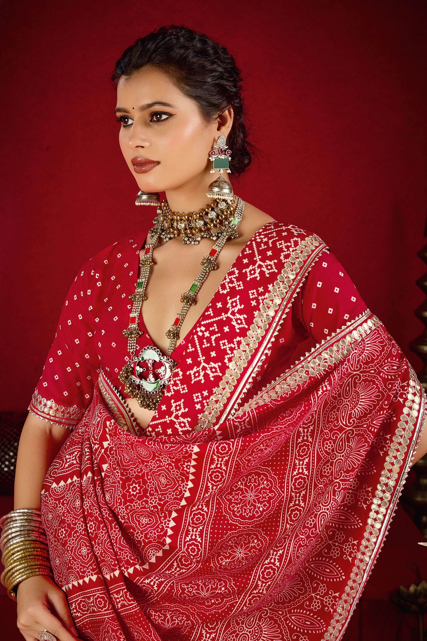 Red Bandhej Printed Georgette Saree Festive Wear