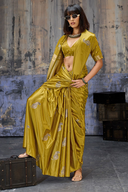 Premium Mustard Gold Banarasi Silk Saree Rich Zari Woven Border