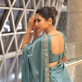 Premium Teal Blue Organza Silk Saree Embroidered Floral Border