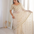 Designer Ivory White Organza Silk Party Wear Saree Golden Embroidery