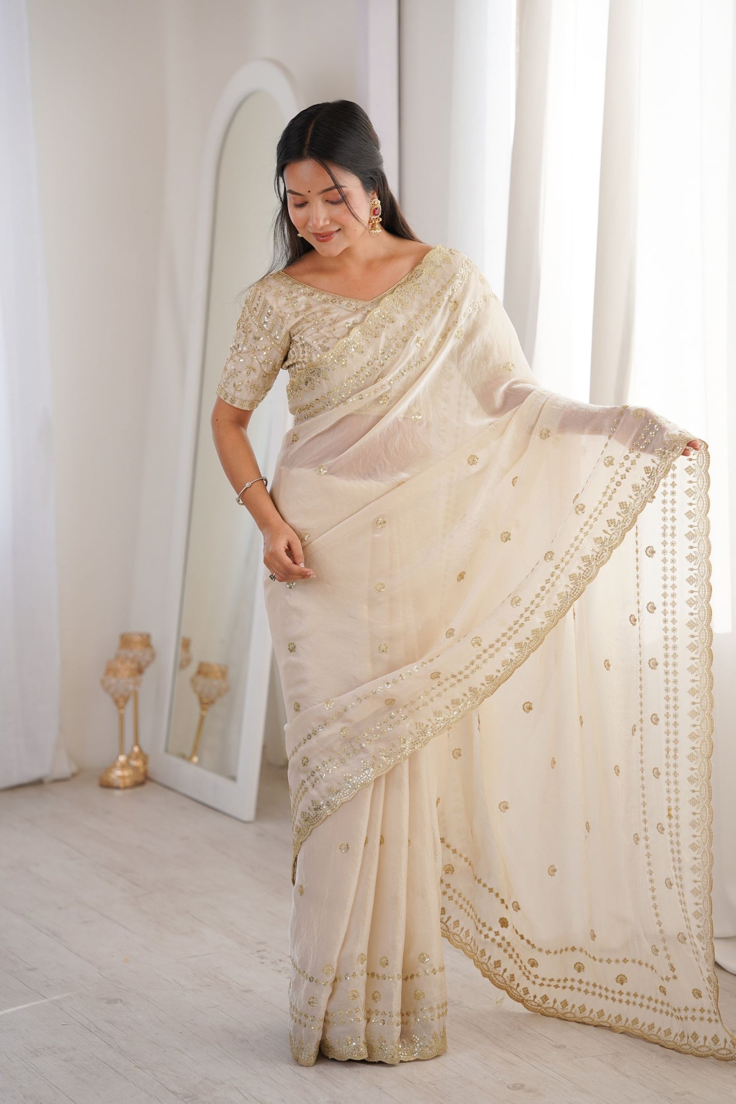 Designer Ivory White Organza Silk Party Wear Saree Golden Embroidery