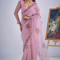 Designer Pink Organza Saree with Floral Embroidery Saree
