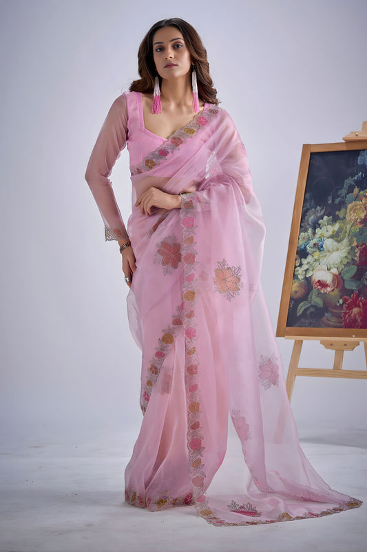 Designer Pink Organza Saree with Floral Embroidery Saree