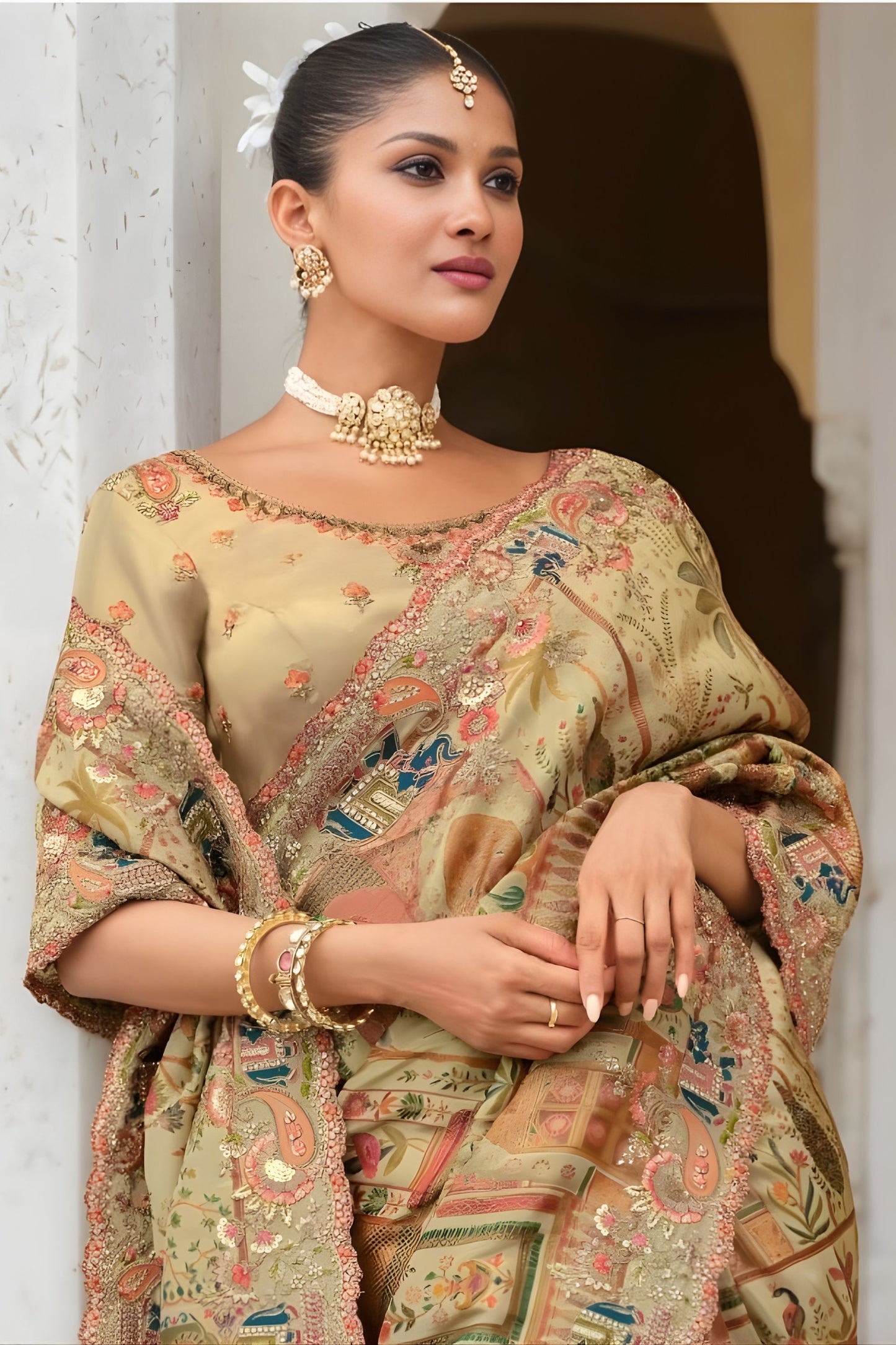 Designer Multicolour Printed Silk Saree with Heavy Embroidered Border