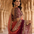 Wine Peach Ombre Embroidered Organza Saree with Zari Border