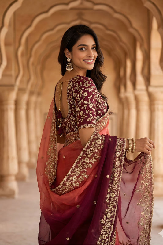 Wine Peach Ombre Embroidered Organza Saree with Zari Border