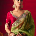 Light Yellow Floral Embroidered Silk Saree with Contrast Maroon Blouse