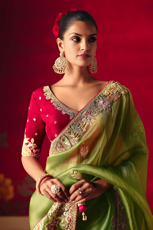 Light Yellow Floral Embroidered Silk Saree with Contrast Maroon Blouse