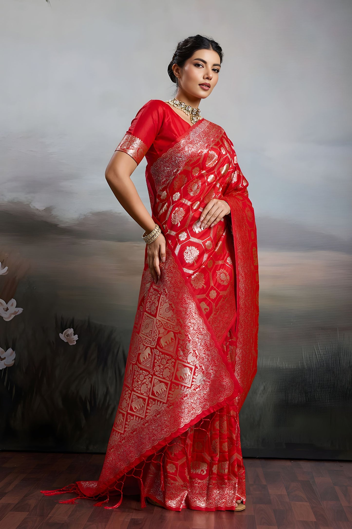 Red Banarasi Silk Saree with Heavy Gold Zari Work Designer Saree