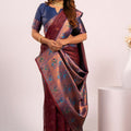 Wine Paithani Silk Saree with Blue Zari Border Traditional Saree
