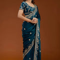 Teal Blue Designer Embroidered Saree with Heavy Matching Blouse