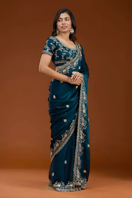 Teal Blue Designer Embroidered Saree with Heavy Matching Blouse