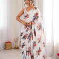 White Floral Digital Printed Linen Saree with Designer Lace Border