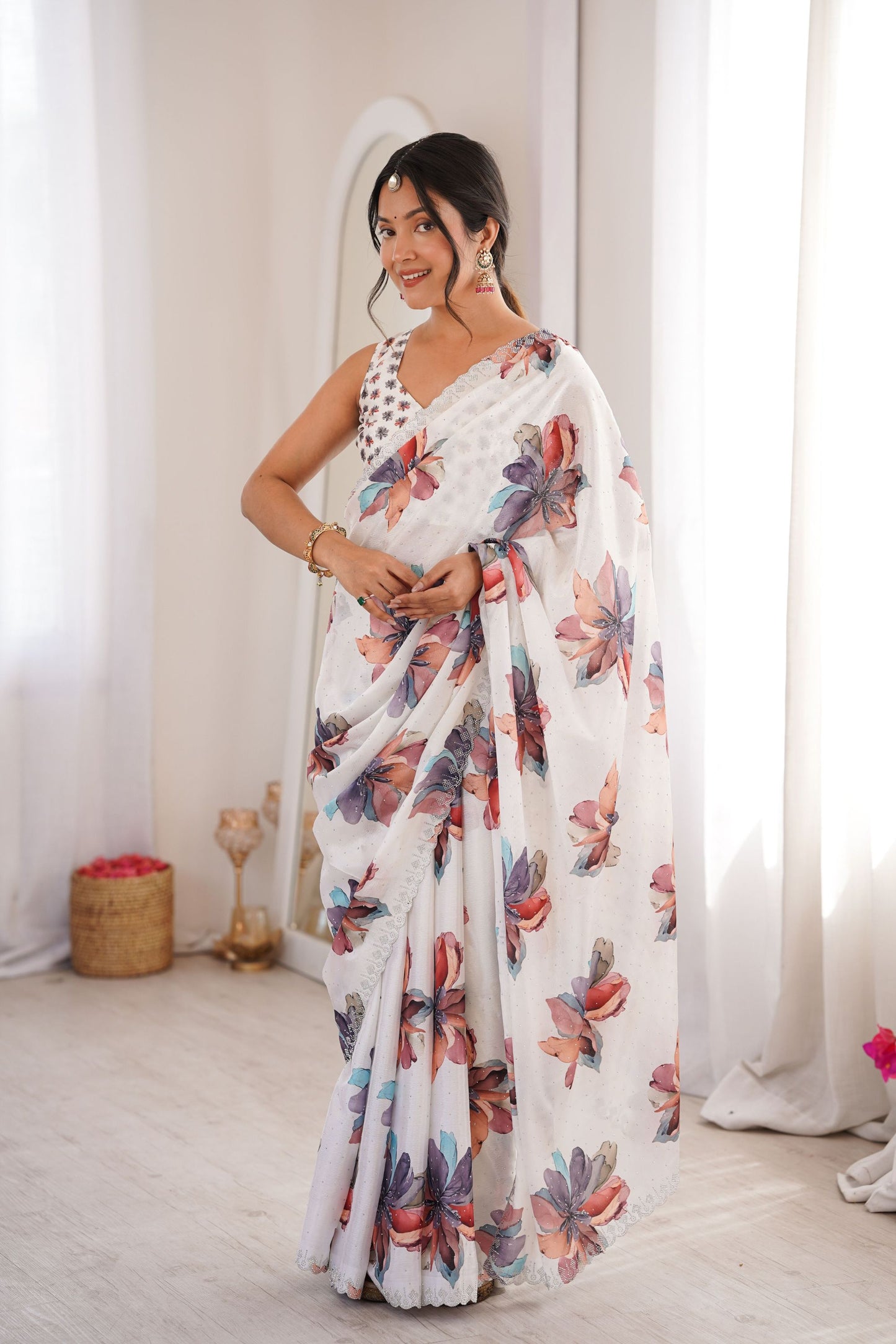 White Floral Digital Printed Linen Saree with Designer Lace Border