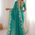 Bottle Green Organza Saree Heavy Floral Zari Embroidery Designer Blouse