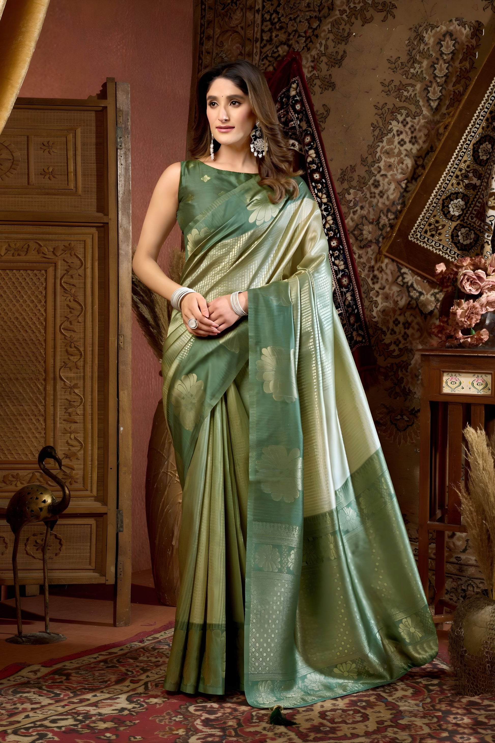 Olive Green Gold Silk Saree Floral Zari Weaving Saree 