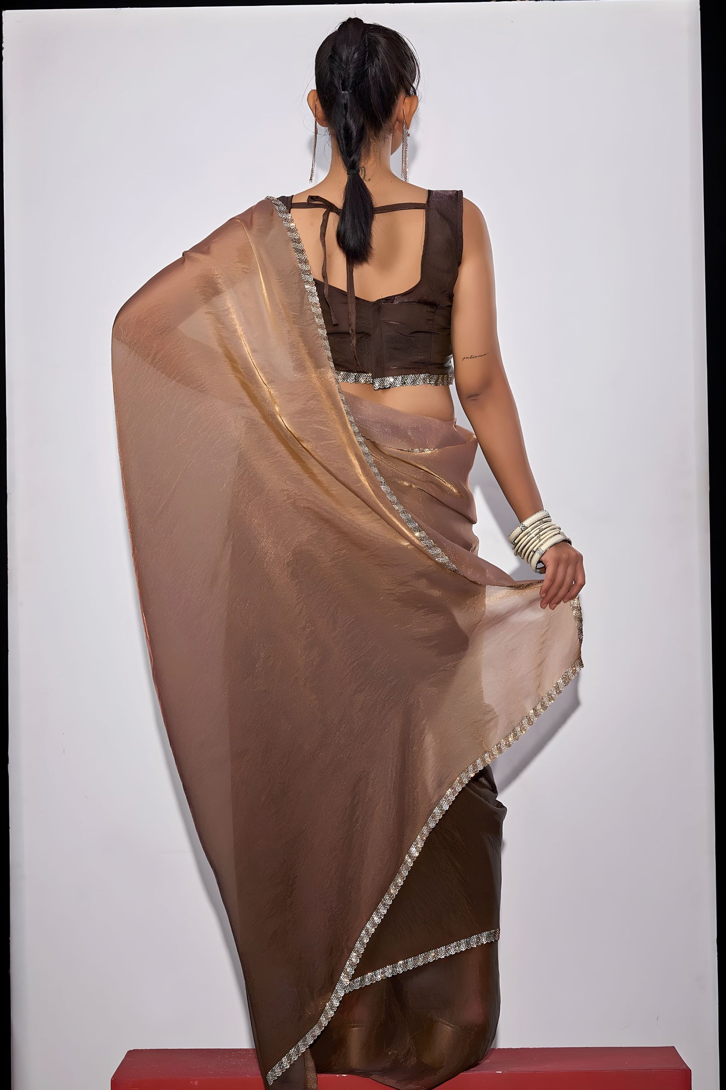 Brown Satin Silk Saree with Designer Border and Blouse
