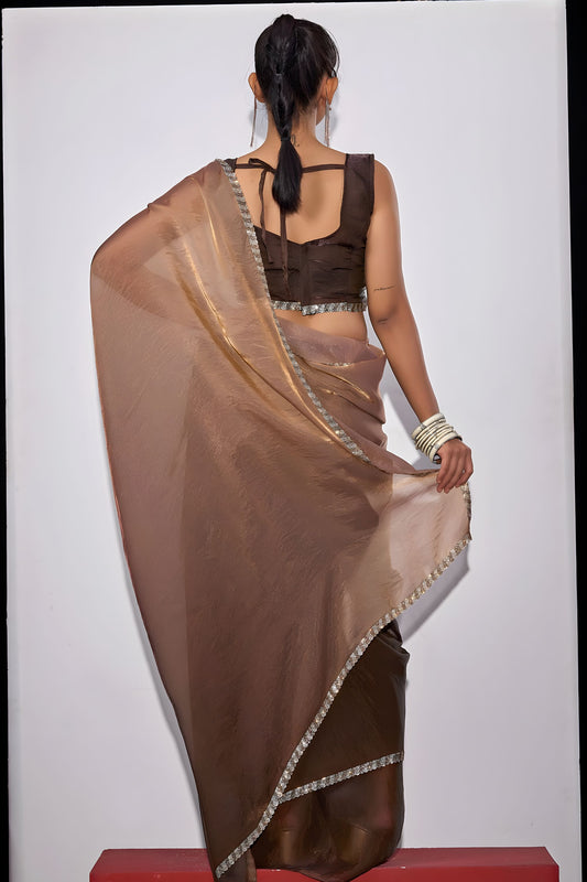 Brown Satin Silk Saree with Designer Border and Blouse