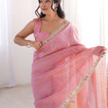 Elegant Pink Linen Designer Saree with Mirror Work Border