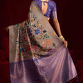 Grey Silk Banarasi Saree with Purple Contrast Border