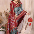 Grey And Maroon Ikat Silk Saree with Traditional Weaving Saree