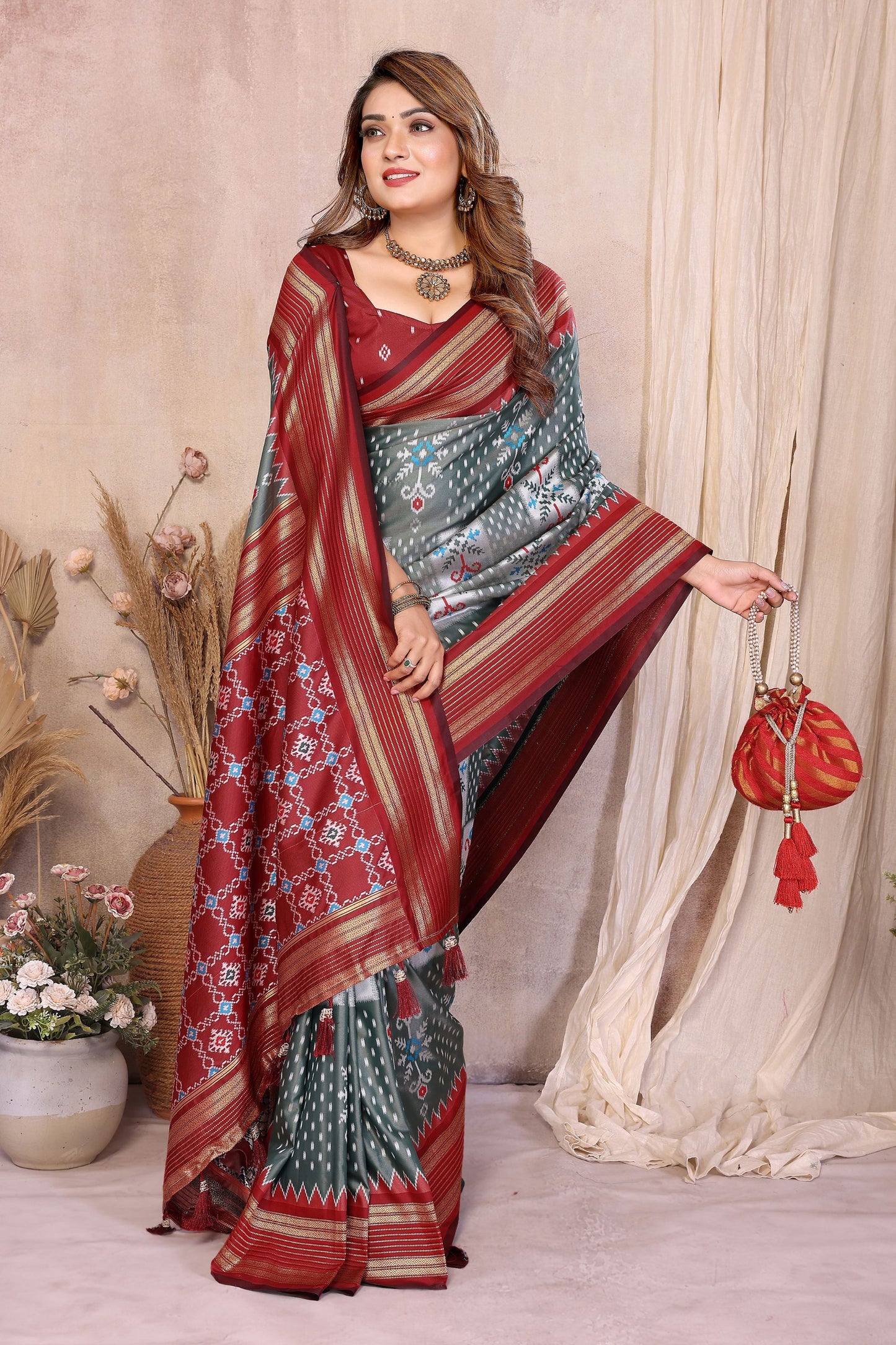 Grey And Maroon Ikat Silk Saree with Traditional Weaving Saree