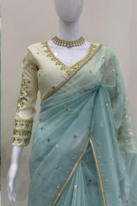 Sky Blue Organza Silk Saree Sequin Embroidered Designer Blouse