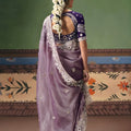 Lavender Organza Saree Heavy Silver Embroidery Border Designer Blouse