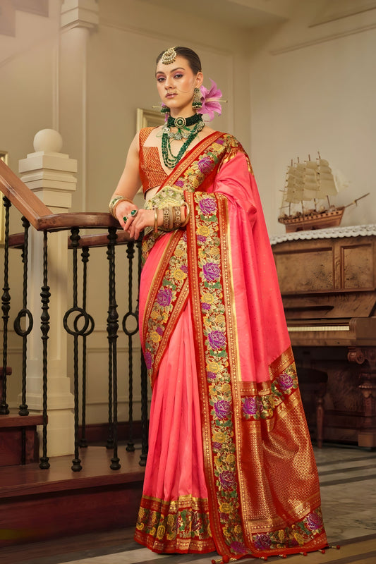 Pink Banarasi Silk Saree Floral Woven Border Red Zari Pallu