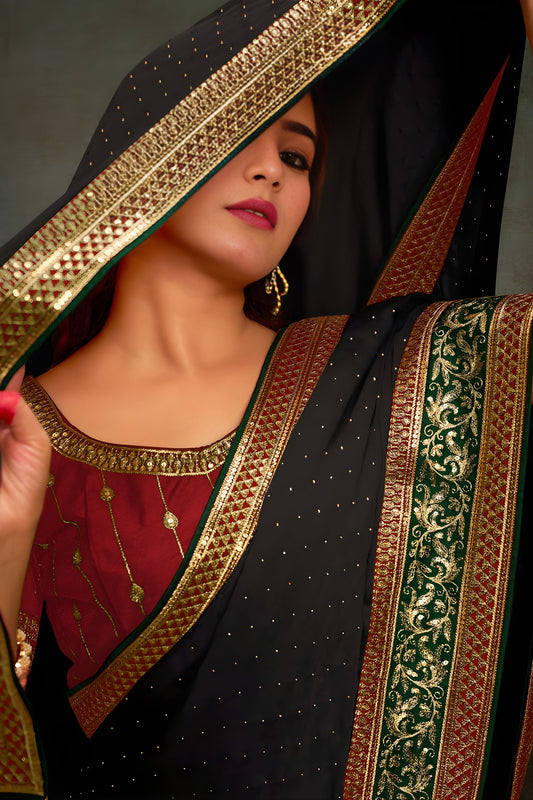 Black Designer Saree with Embroidered Border Contrast Blouse