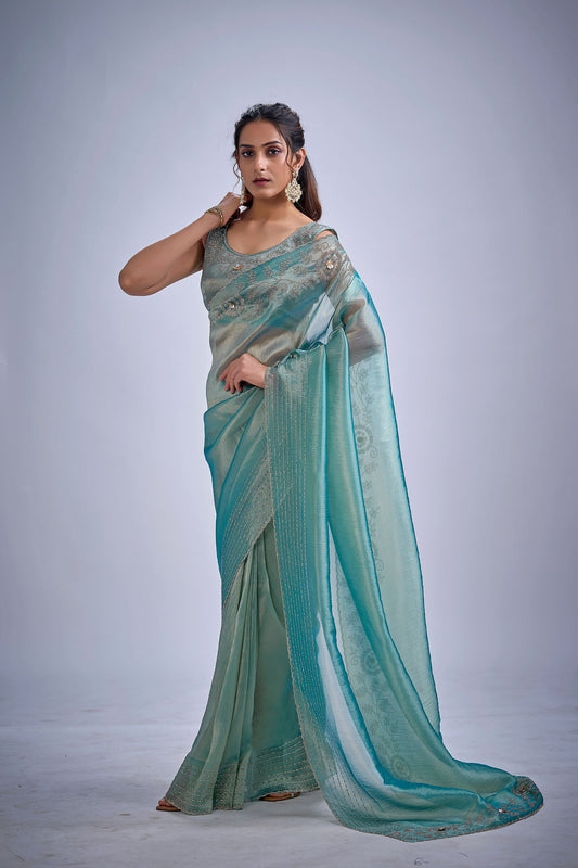 Sea Green Silk Saree with Zari Embroidery Designer Blouse 