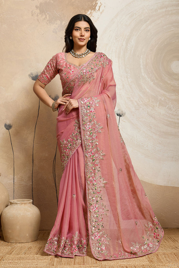 Pink Embroidered Organza Saree Floral Handwork Designer Blouse