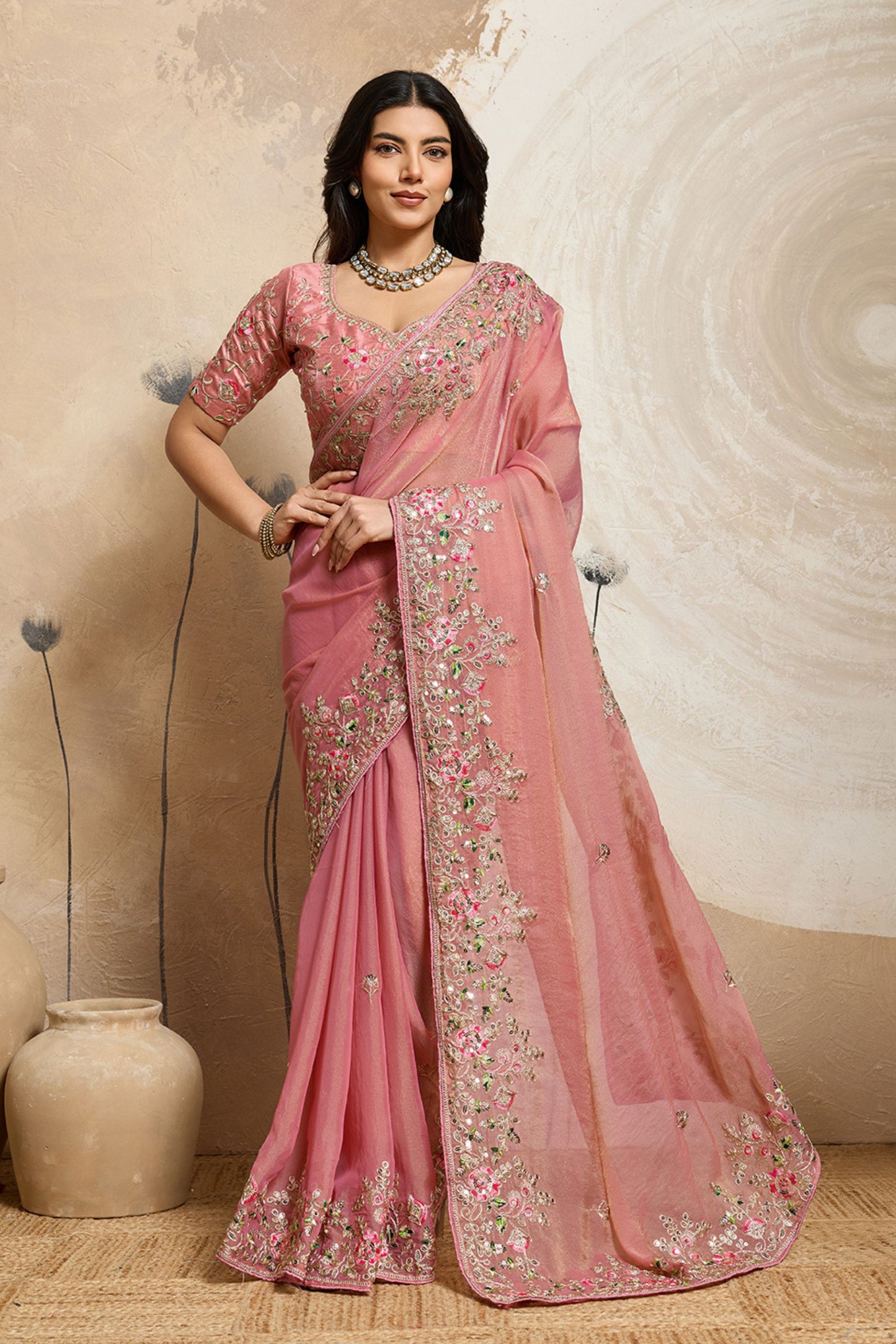 Pink Embroidered Organza Saree Floral Handwork Designer Blouse