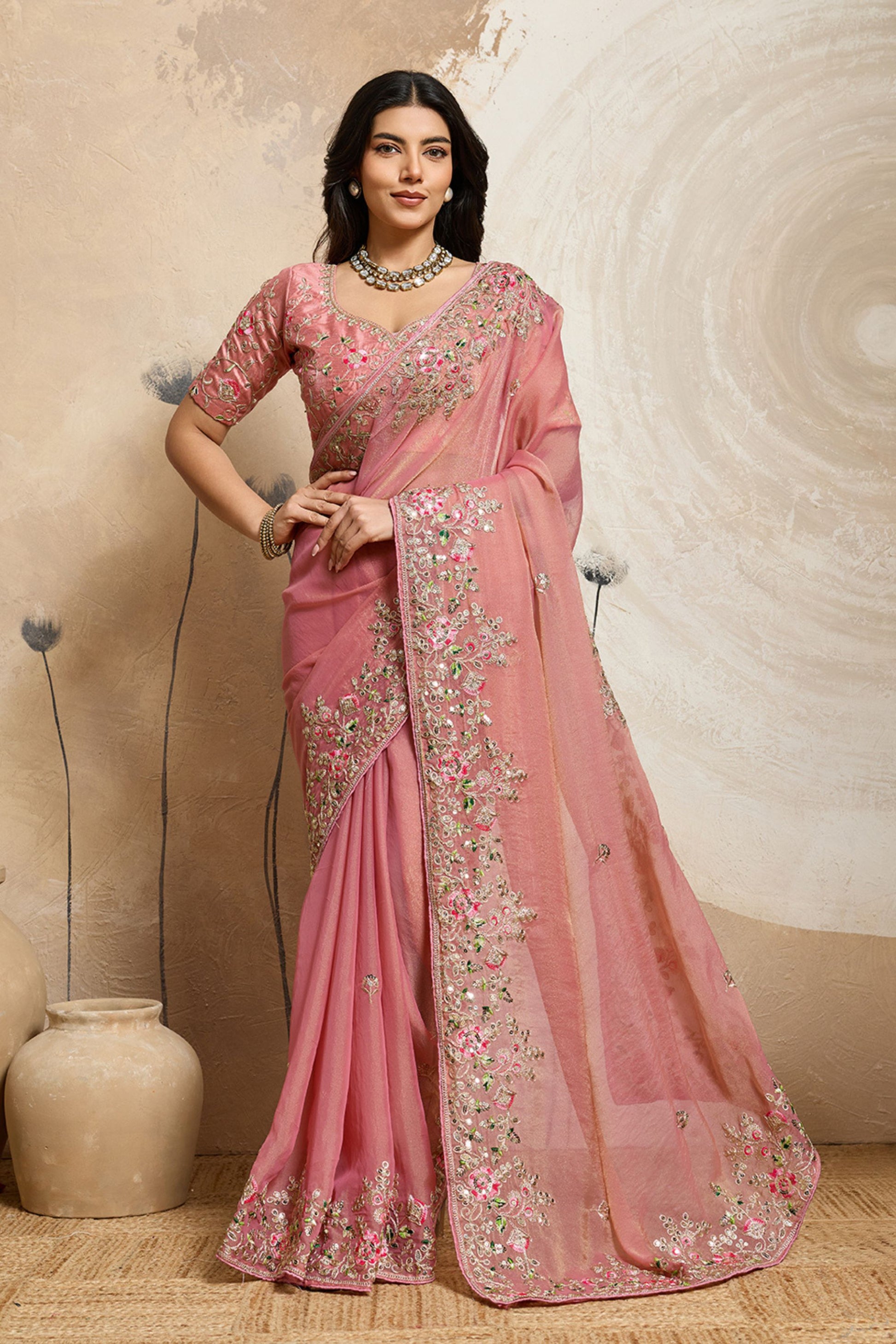 Pink Embroidered Organza Saree Floral Handwork Designer Blouse