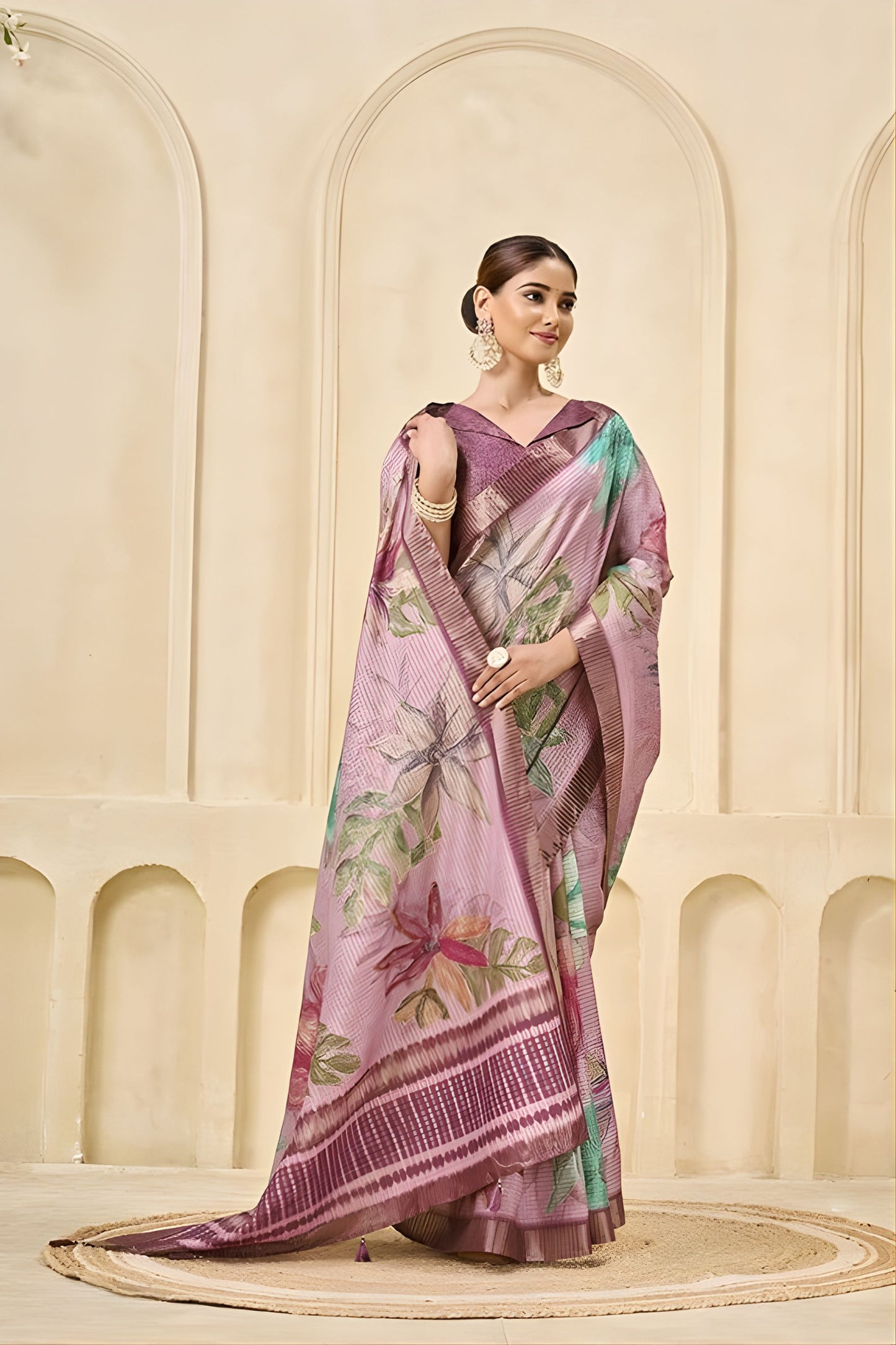 Stylish Mauve Floral Printed Linen Cotton Saree