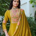 Wonderfull Mustard Yellow Embroidered crepe Palazzo Suit Set with Dupatta for Women