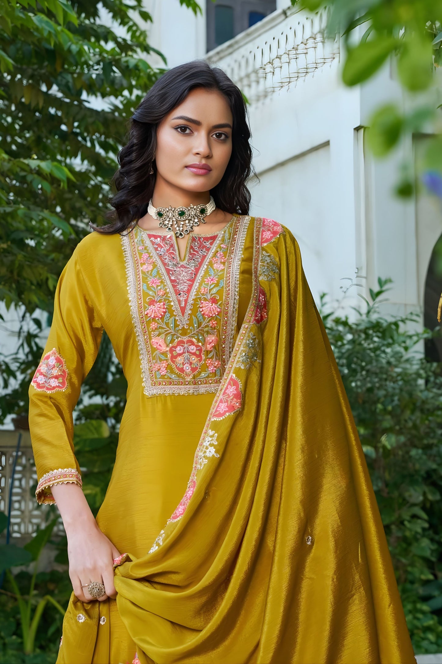 Wonderfull Mustard Yellow Embroidered crepe Palazzo Suit Set with Dupatta for Women