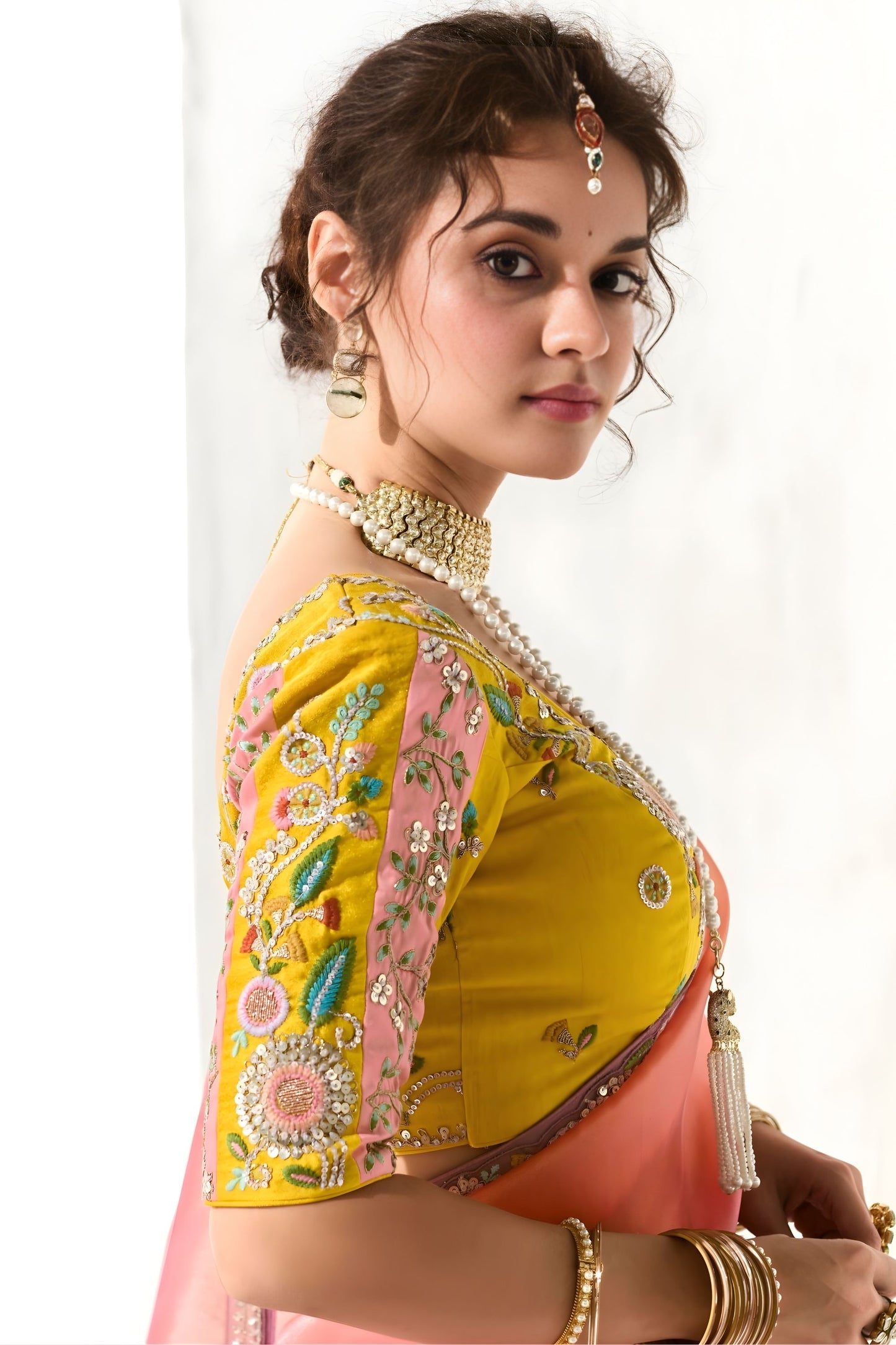 Multi Color Organza Saree in Peach Pink Purple with Embroidered Border