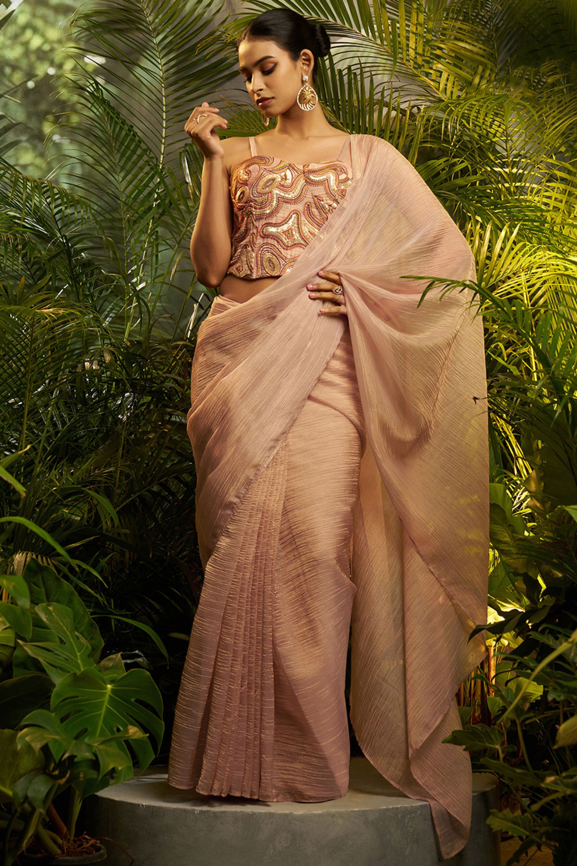  Dusty Peach Crushed Tissue Saree Designer Printed Blouse