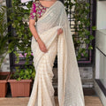 Off White Georgette Saree Golden Butti Designer Magenta Floral Embroidered Blouse