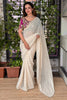 Off White Georgette Saree Golden Butti Designer Magenta Floral Embroidered Blouse