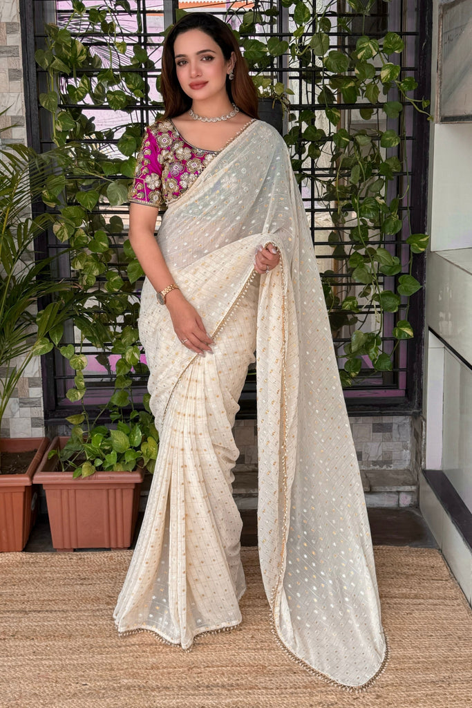 Off White Georgette Saree Golden Butti Designer Magenta Floral Embroidered Blouse
