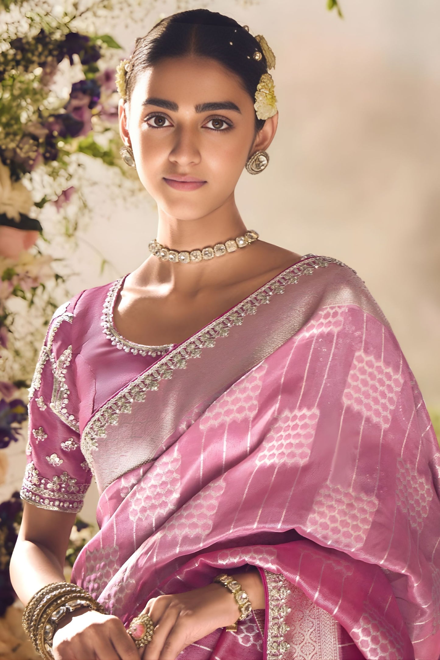 Pink Soft Silk Saree with Silver Zari Weaving Designer Blouse