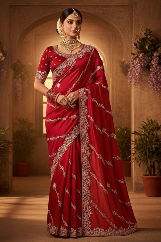 Traditional Red Silk Saree with Elegant Silver Designer Blouse